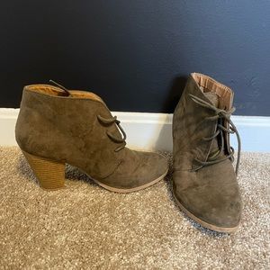 olive green booties with tie on the front
